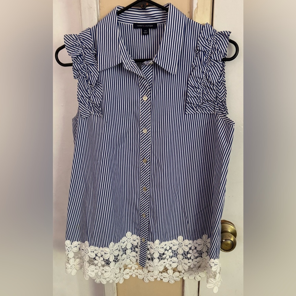 TOMMY HILFIGER Blue and White Striped Sleeveless Blouse